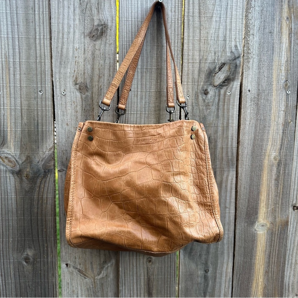American Leather Co Lennox Triple Entry Satchel Cafe Latte Crocodile Print Bag